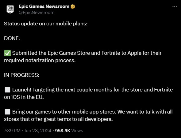 Epic Games Store and Fortnite submitted to Apple for their required notarization process.