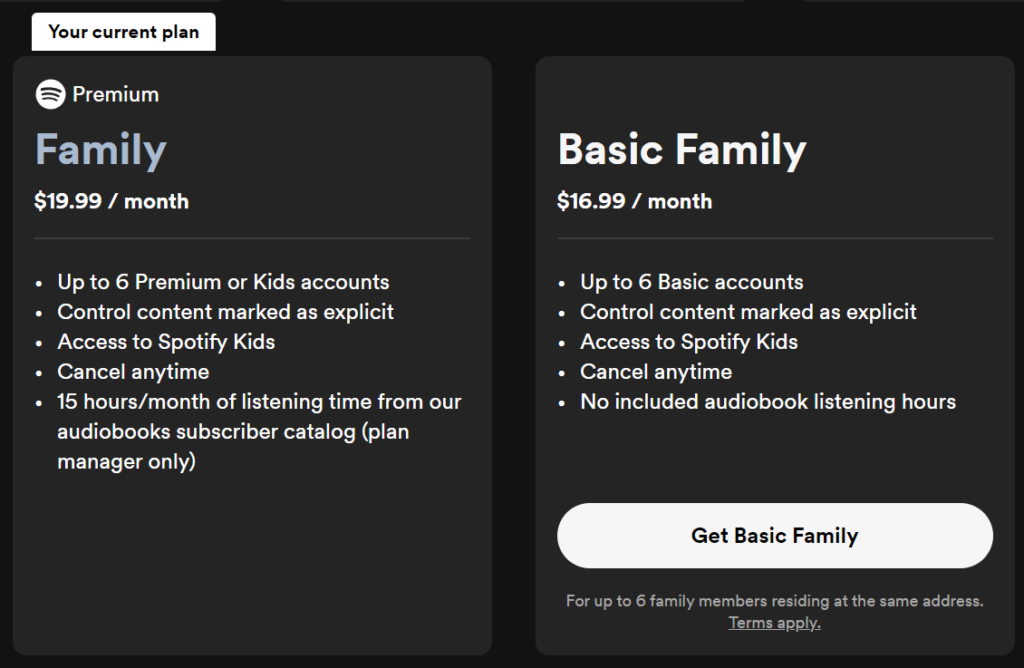 Spotify Basic and premium family plans